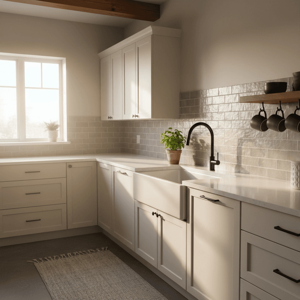 Completed kitchen renovation with quartz countertops and subway tile