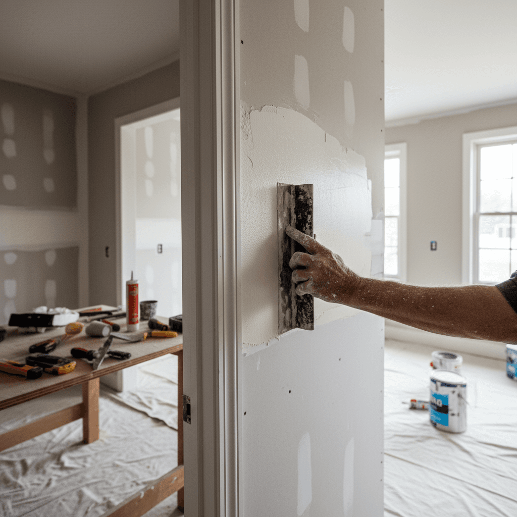 Skilled tradesperson's hands applying drywall compound with putty knife in bright natural light during interior wall repair